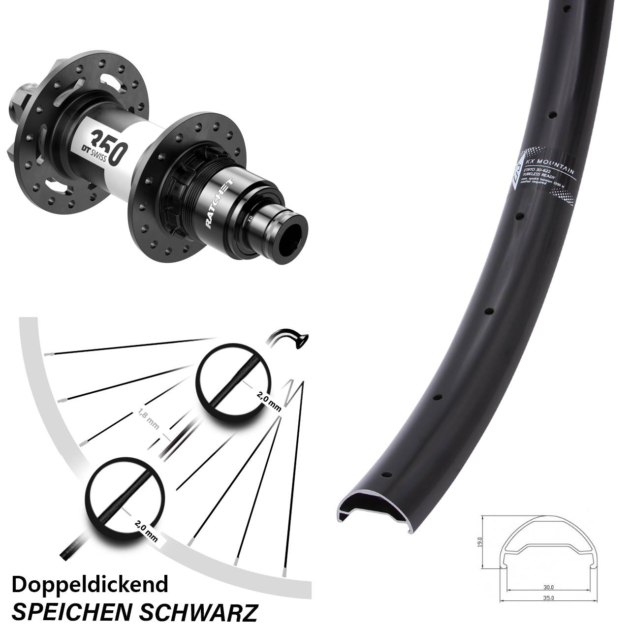 29 Zoll Hinterrad KX Mountain DT Swiss 350 Boost 6-Loch 12x148 mm Sram XD 30-622 ETRTO