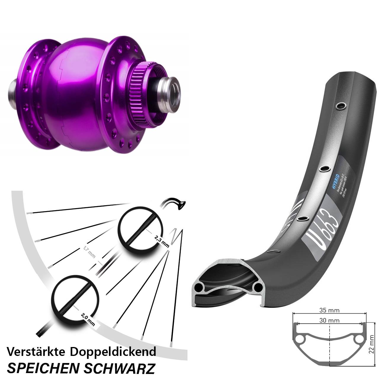 Nabendynamo-Vorderrad Centerlock 26 Zoll DT Swiss U663 SON 28 violett 12x100