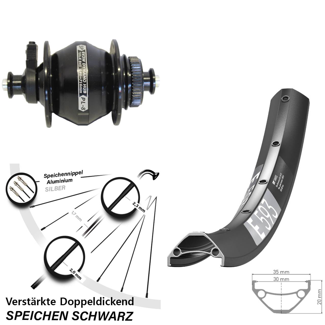 650B DT Swiss E 593 Shutter Precision PL-8 Disc Nabendynamovorderrad für Schnellspanner