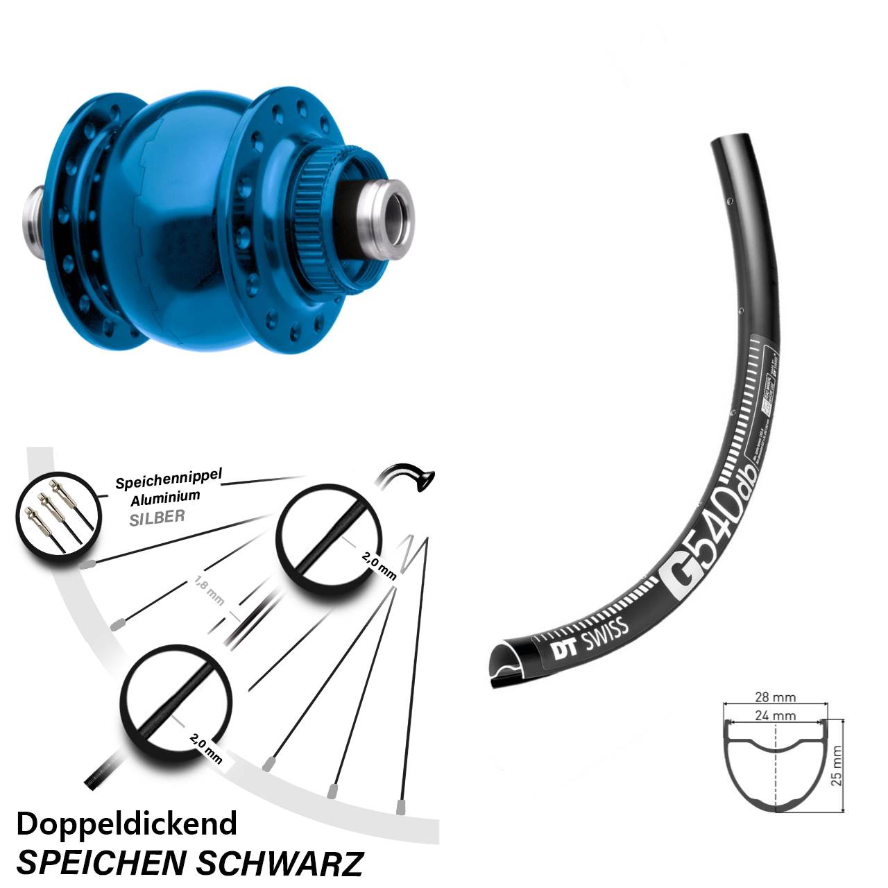 28-29 Zoll Gravel Nabendynamolaufrad DT Swiss G 540 Son 28 blau Steckachse 12x100 mm