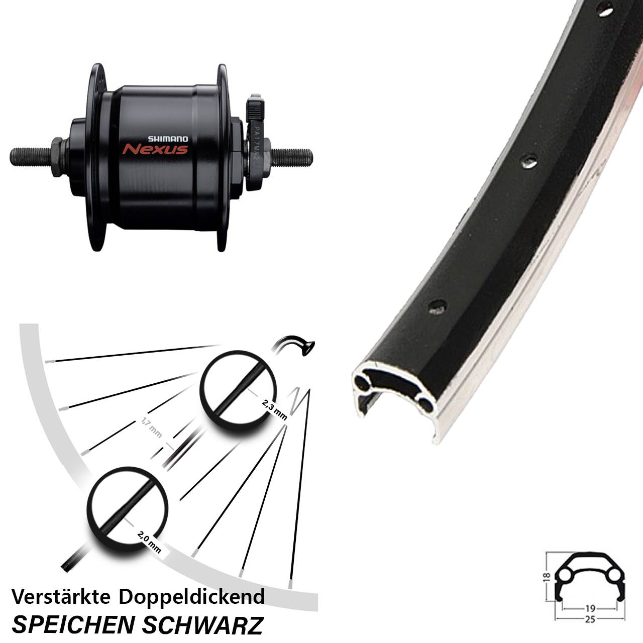 Nabendynamovorderrad Vollachse 20 Zoll Schürmann YAK 19 Shimano Nexus DH-C3000-3N