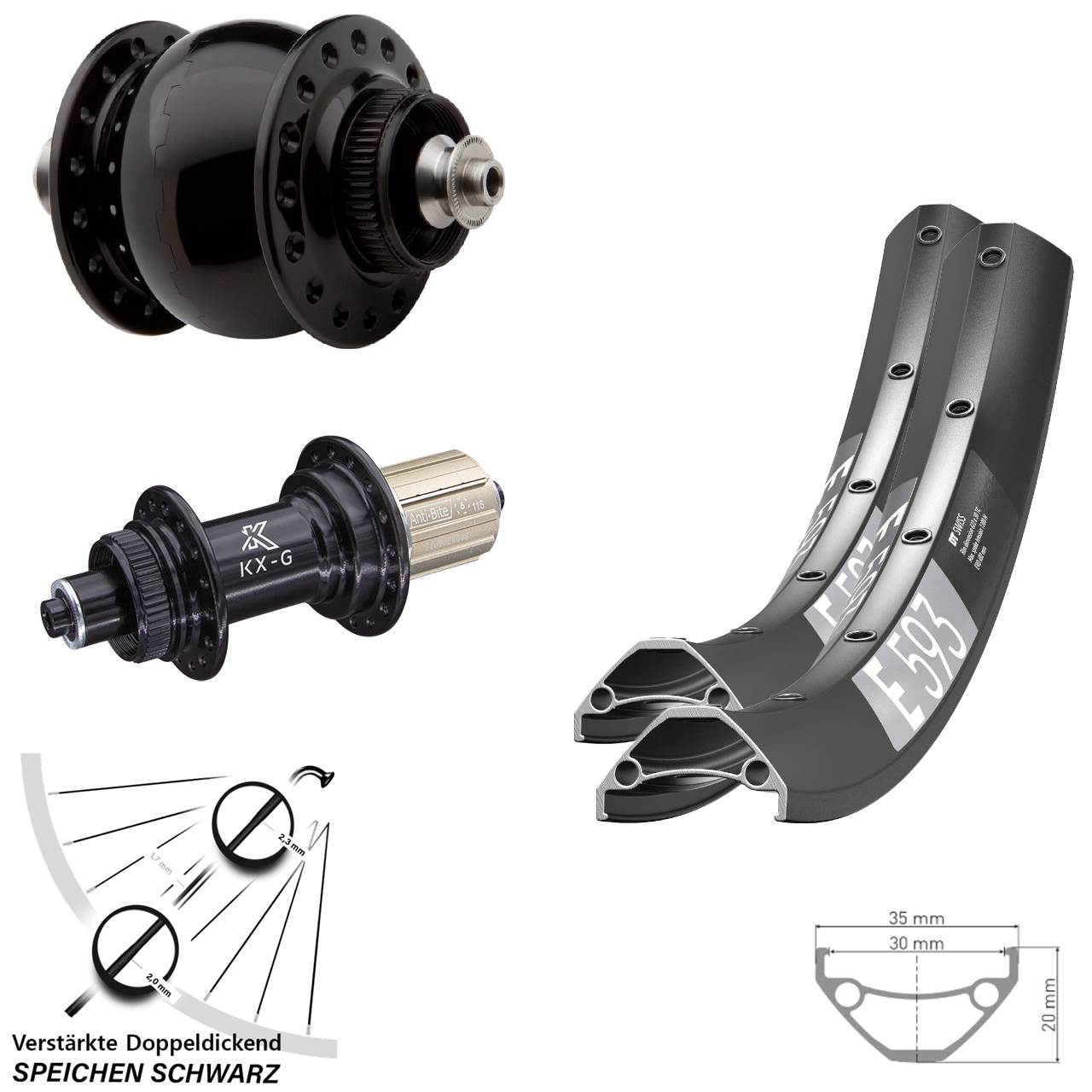 Laufradsatz Centerlock für Schnellspanner 29 Zoll DT Swiss E593 KX-G SON 28 8-12 fach