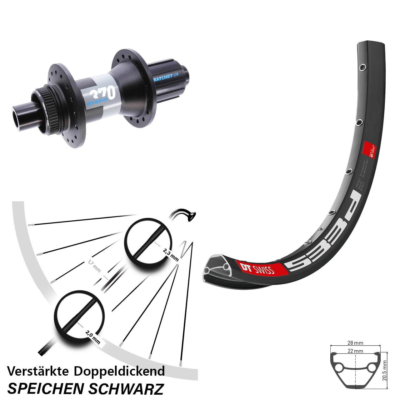DT Swiss 533d-370 Hybrid 26 Zoll Hinterrad Centerlock 12x148 8-11 fach HG