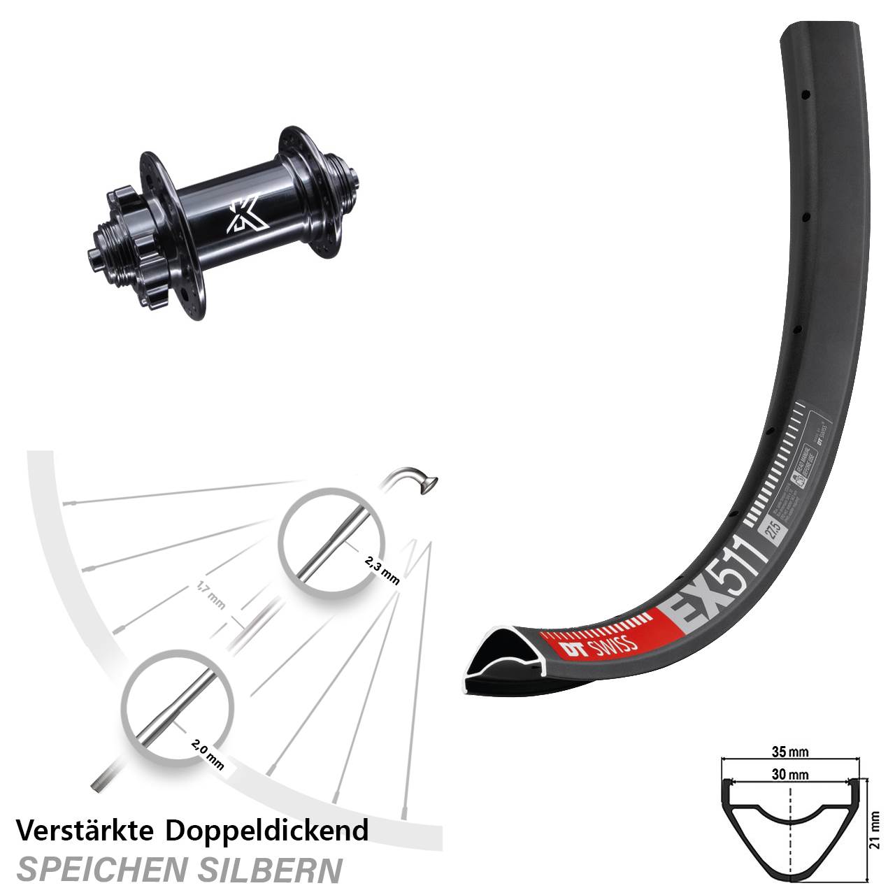 29 Zoll DT Swiss EX 511 KX-M 6-Loch Vorderrad für Schnellspanner