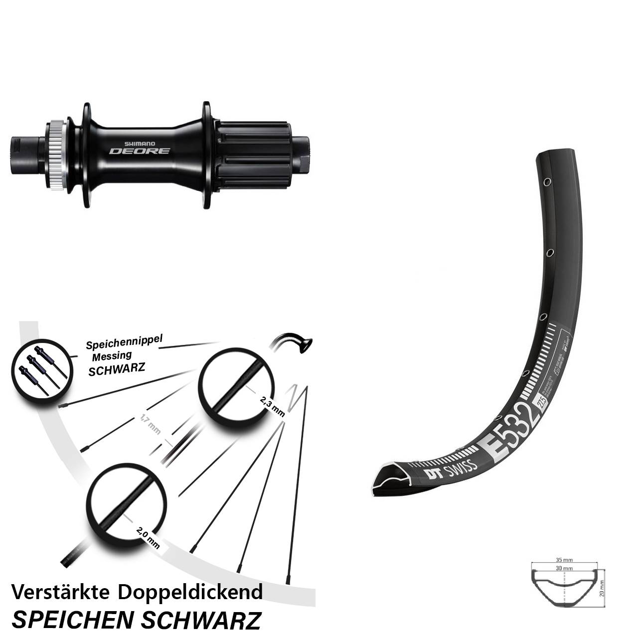 29 Zoll DT Swiss E 532 Shimano Deore Disc Laufrad 12x148 8-11 fach HG