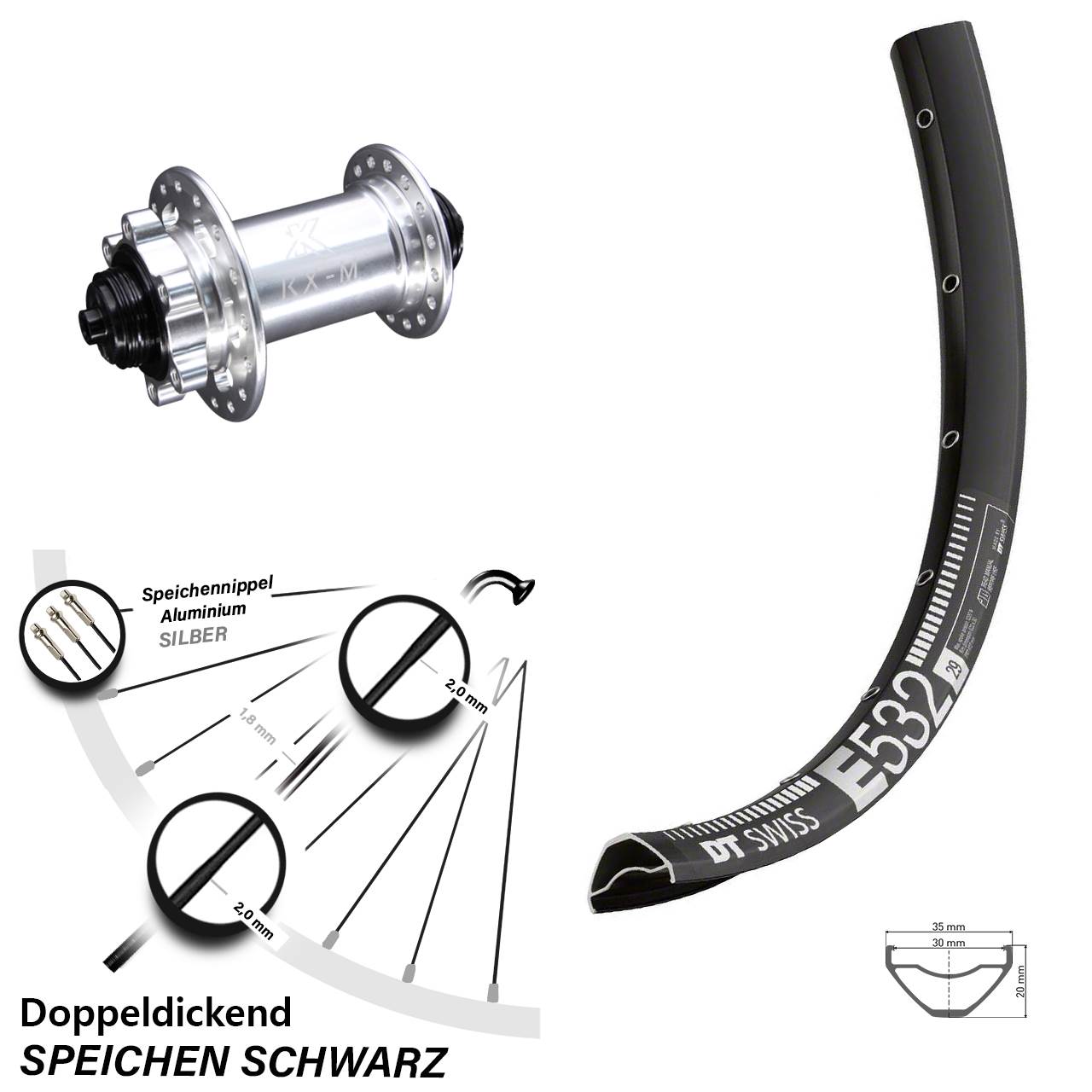 29 Zoll DT Swiss E 532 Disc KX-M 6-Loch Vorderrad QR