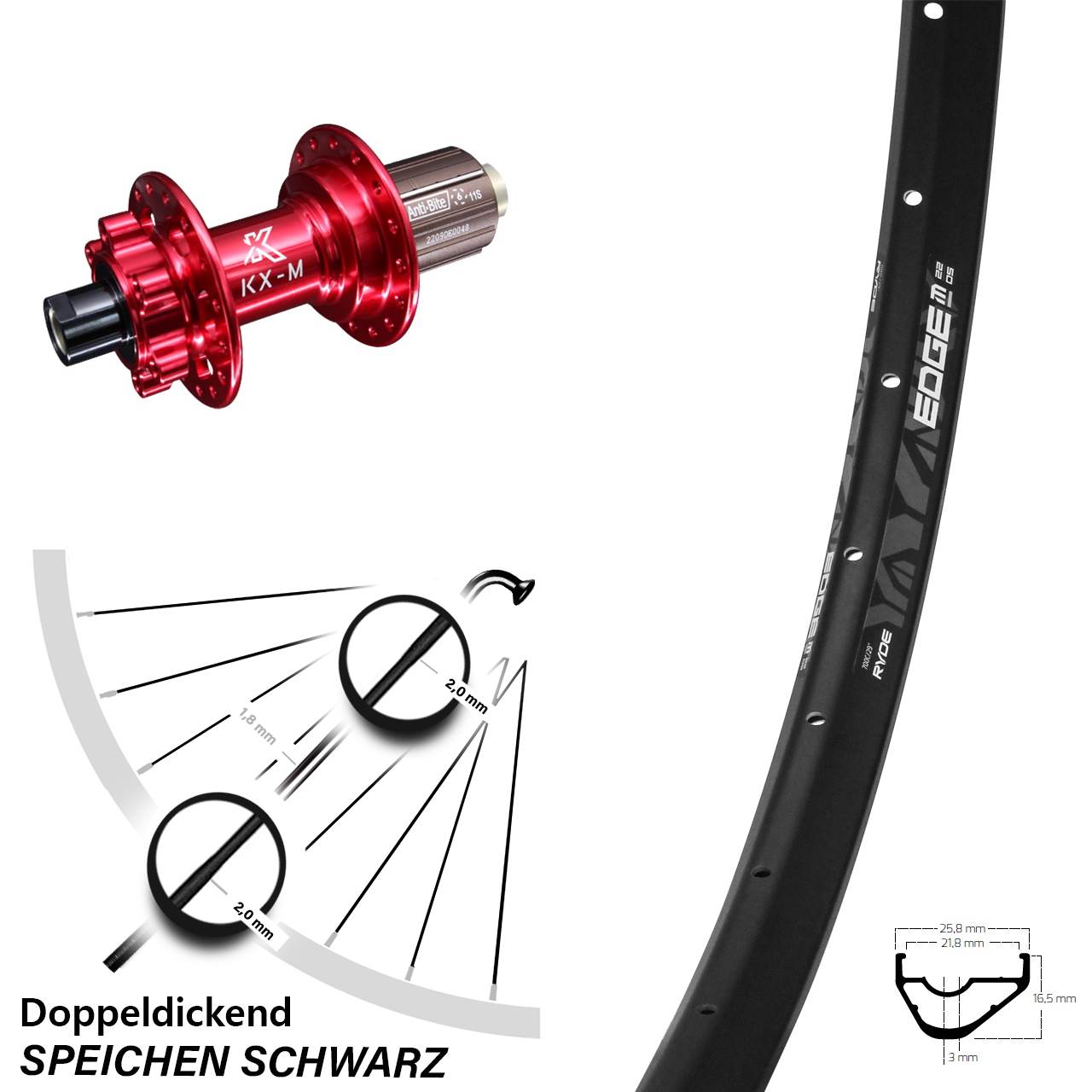 29 Zoll Hinterrad Ryde Edge M22 OS mit KX-M 11-fach 6-loch Nabe rot eloxiert Steckachse