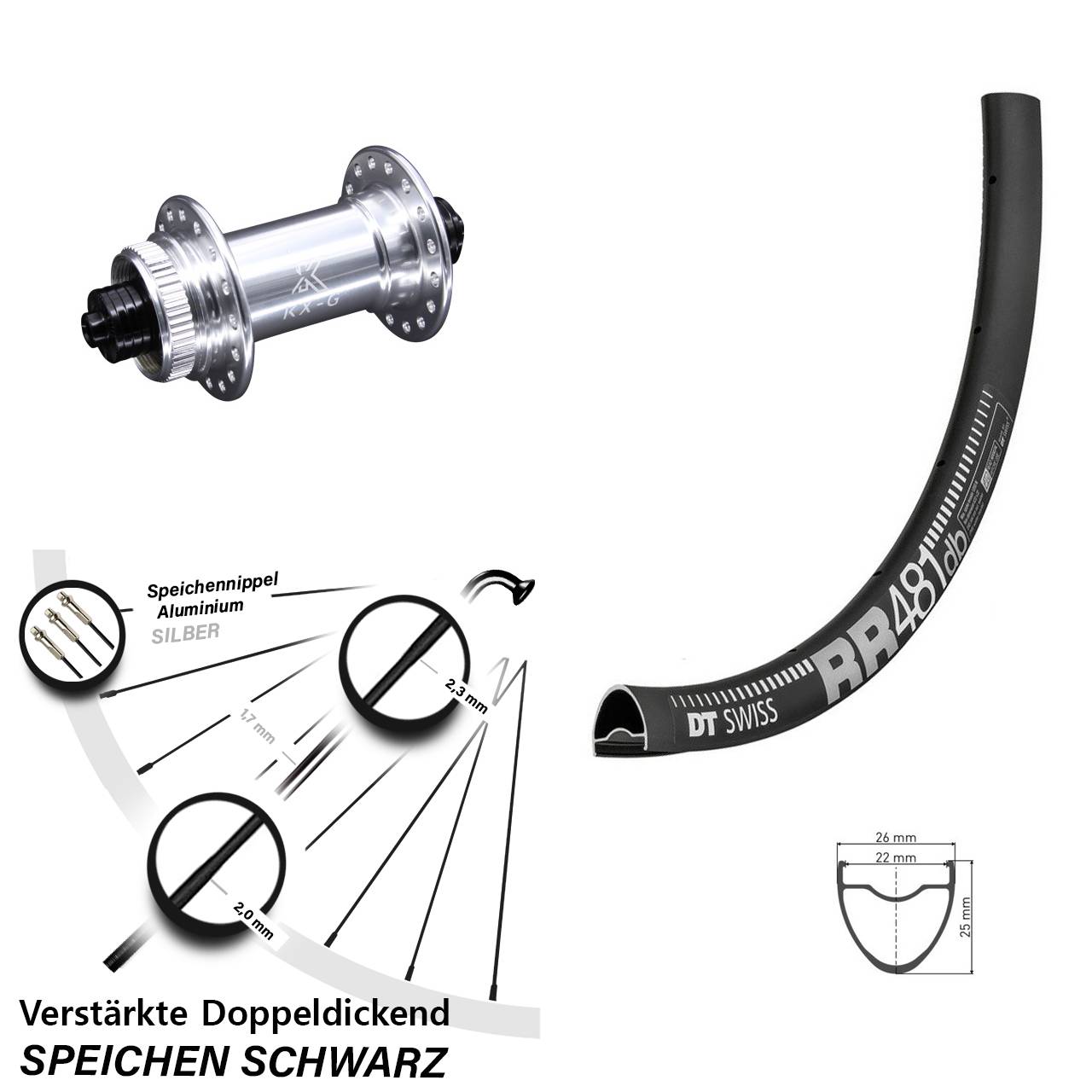 Vorderrad 28 Zoll DT Swiss RR 481 DB Disc verstärkt KX-G silbern 5x100