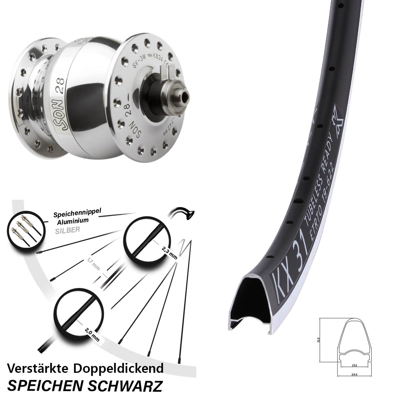 Vorderrad 28 Zoll KX 31 SON 28 Felgenbremse silbern poliert