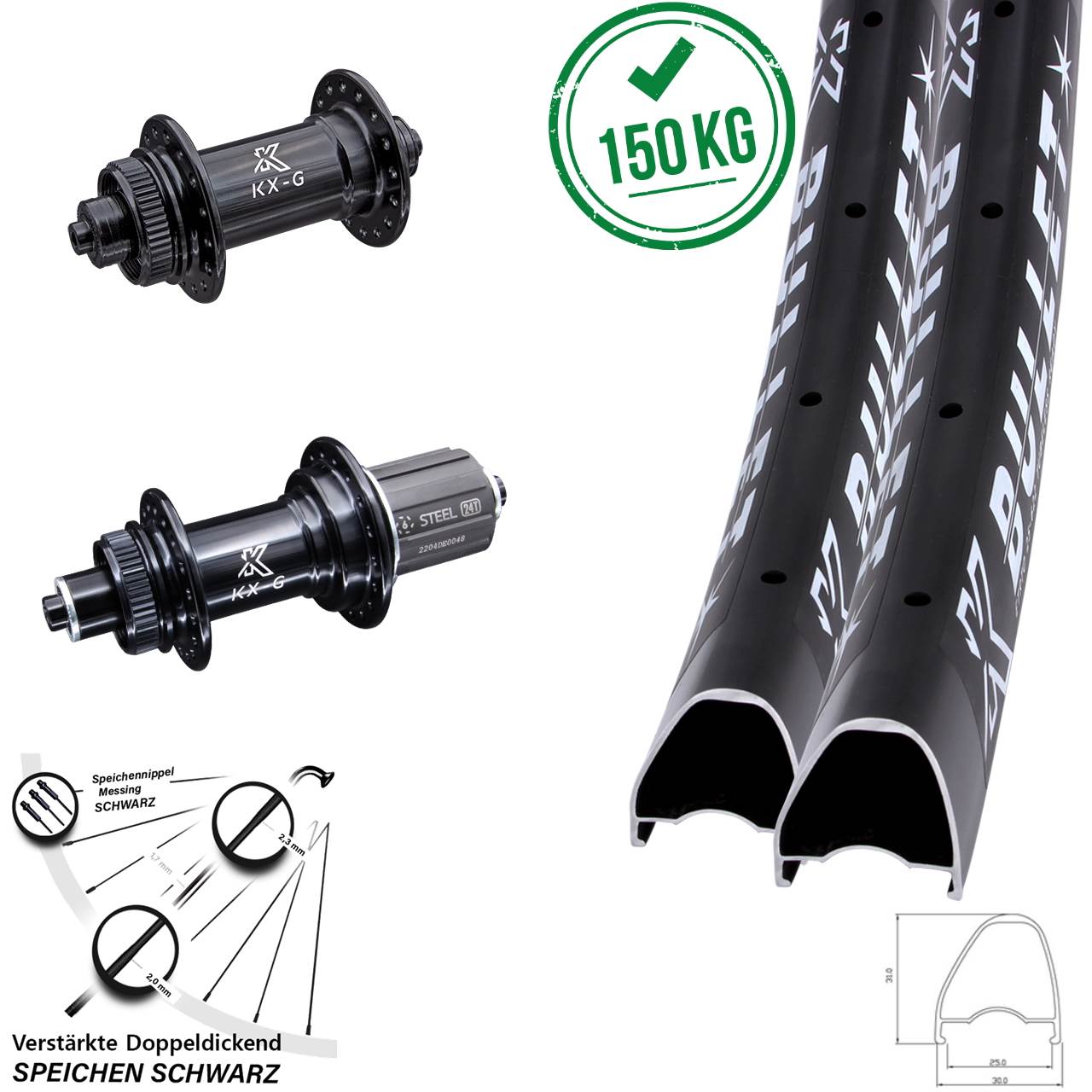 28 Zoll KX-GS Bullet OS Heavy Duty Centerlock Laufradsatz QR 8-12 fach