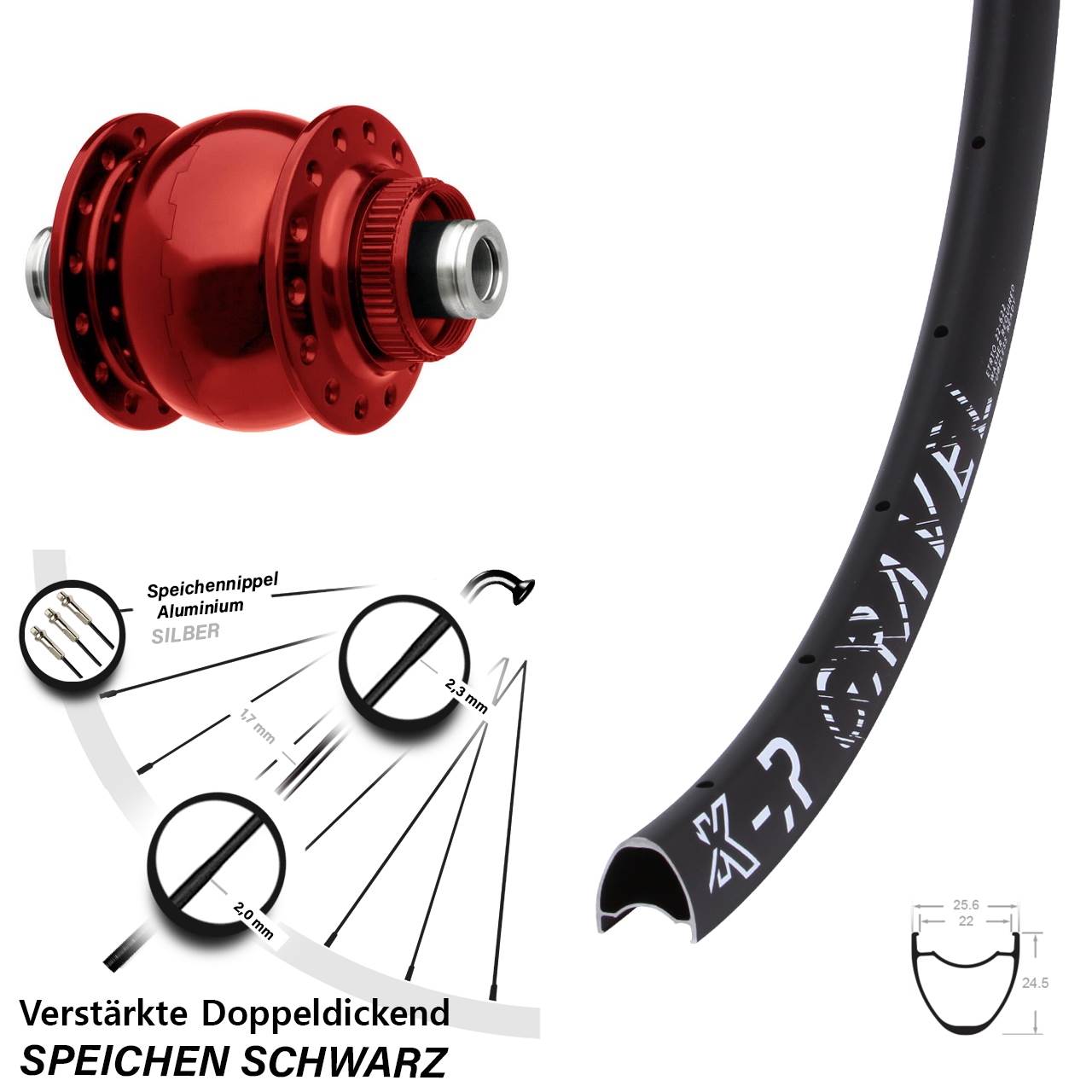 SON 28 rot KX-R Gravel 28-29 Zoll Disc Vorderrad mit Nabendynamo 12x100