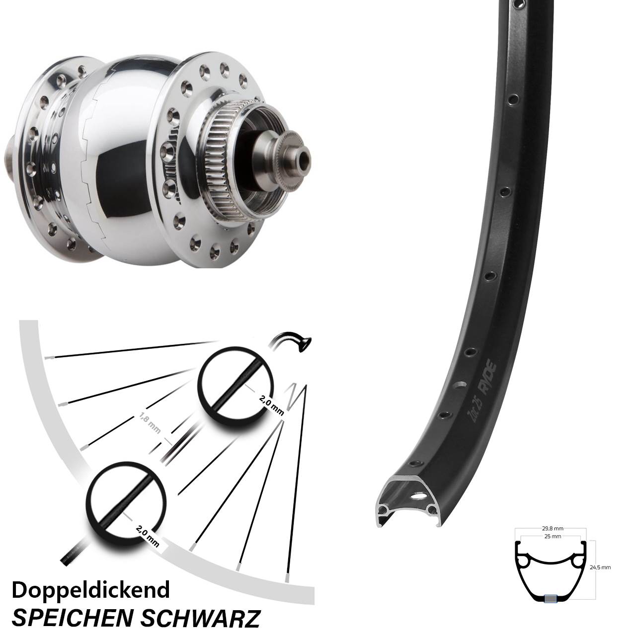 Disc Vorderrad mit Nabendynamo für Schnellspanner Ryde ZAC 25 SON 28 Zoll poliert