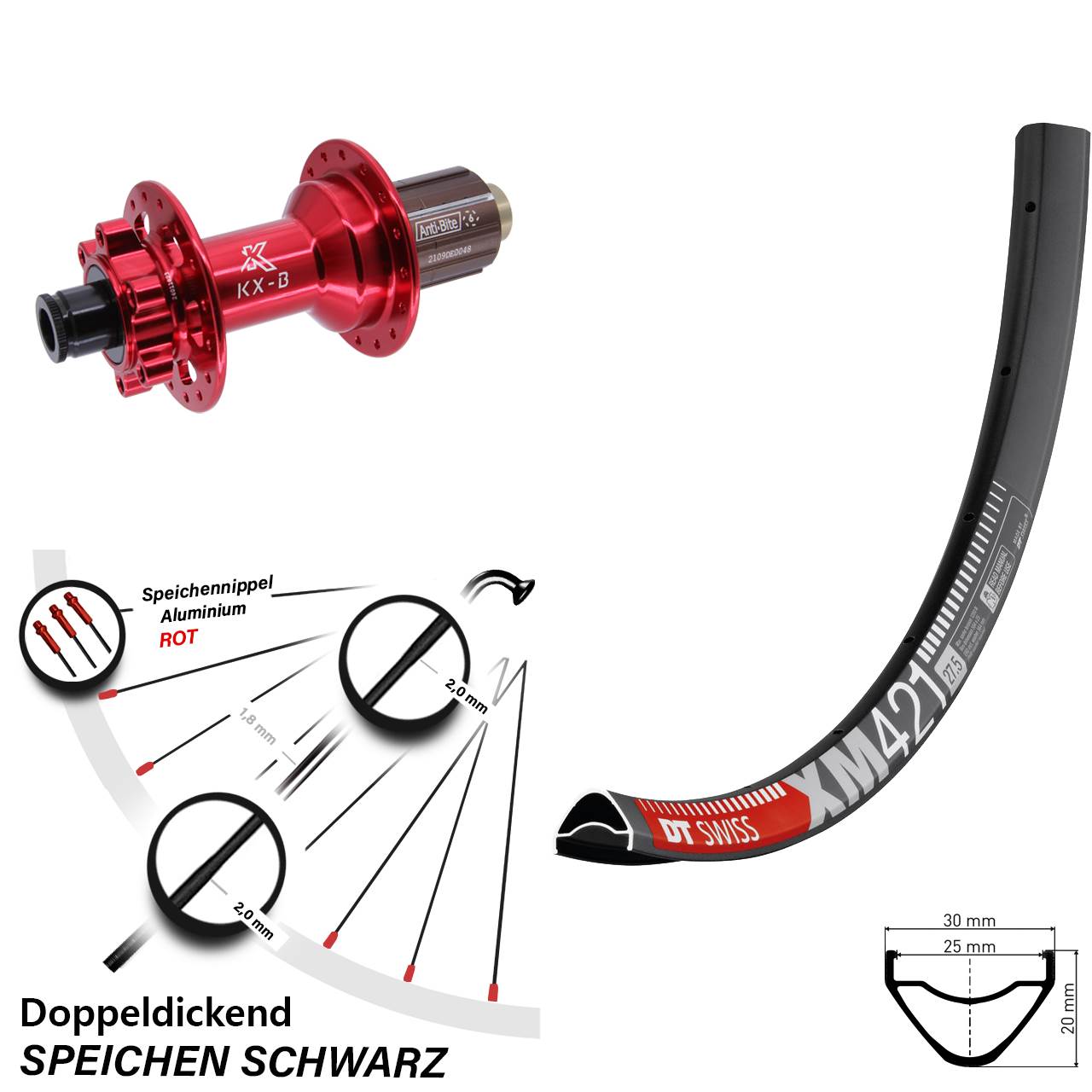 Hinterrad 29 Zoll DT Swiss XM 421 KX-B rot Boost