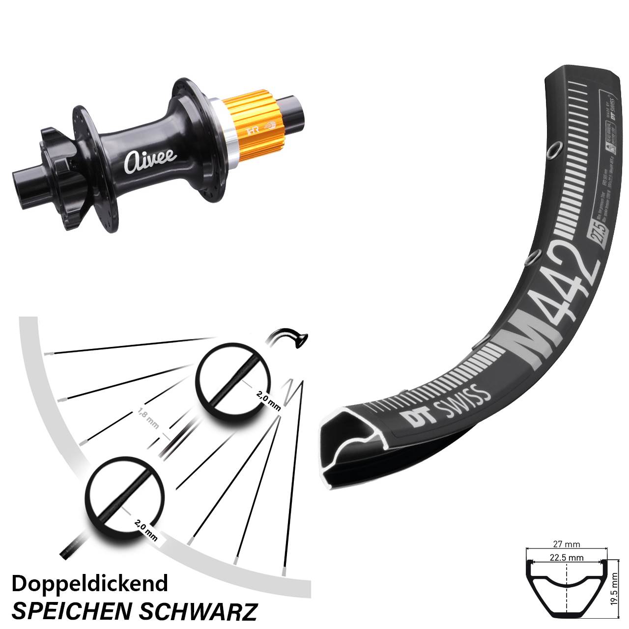 28 Zoll DT Swiss M 442 Aivee Classic Boost Hinterrad 6-Loch 12x148 Micro Spline