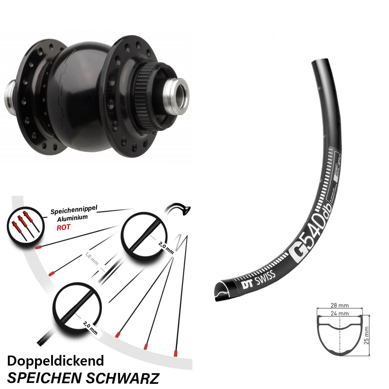 Vorderrad Gravel Dynamo SON 28-12 Boost 110 mm Disc DT Swiss G 540 27,5 Zoll schwarz