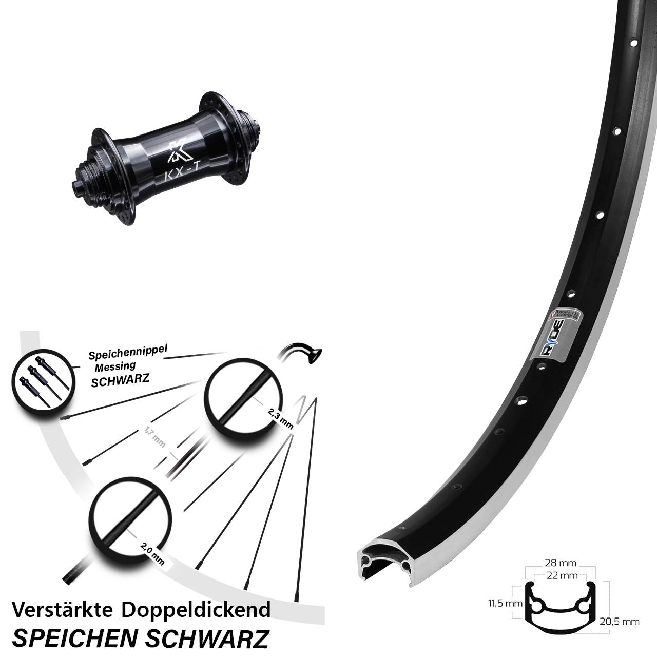 schwarzes 27,5 Zoll Laufrad vorne verstärkt Ryde Andra 35 Felgenbremse KX-T Heavy Duty