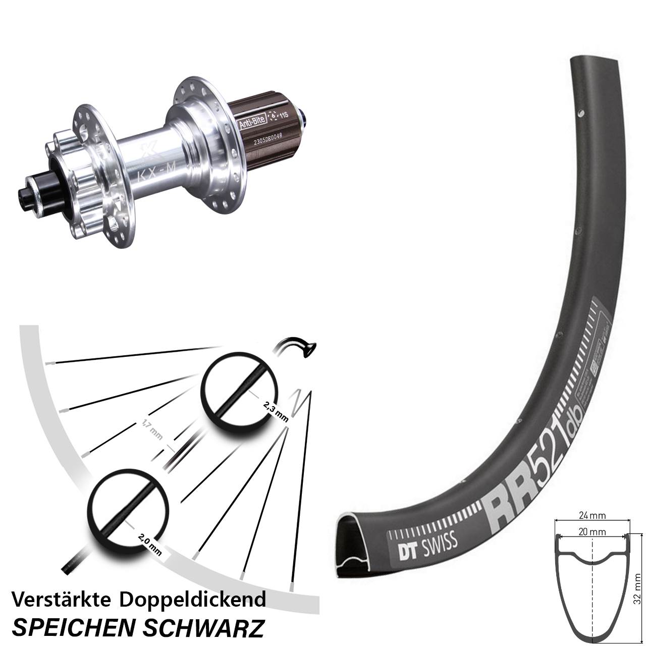 DT Swiss RR 521 KX-M 28 Zoll Disc Laufrad für Schnellspanner 8-12 fach HG