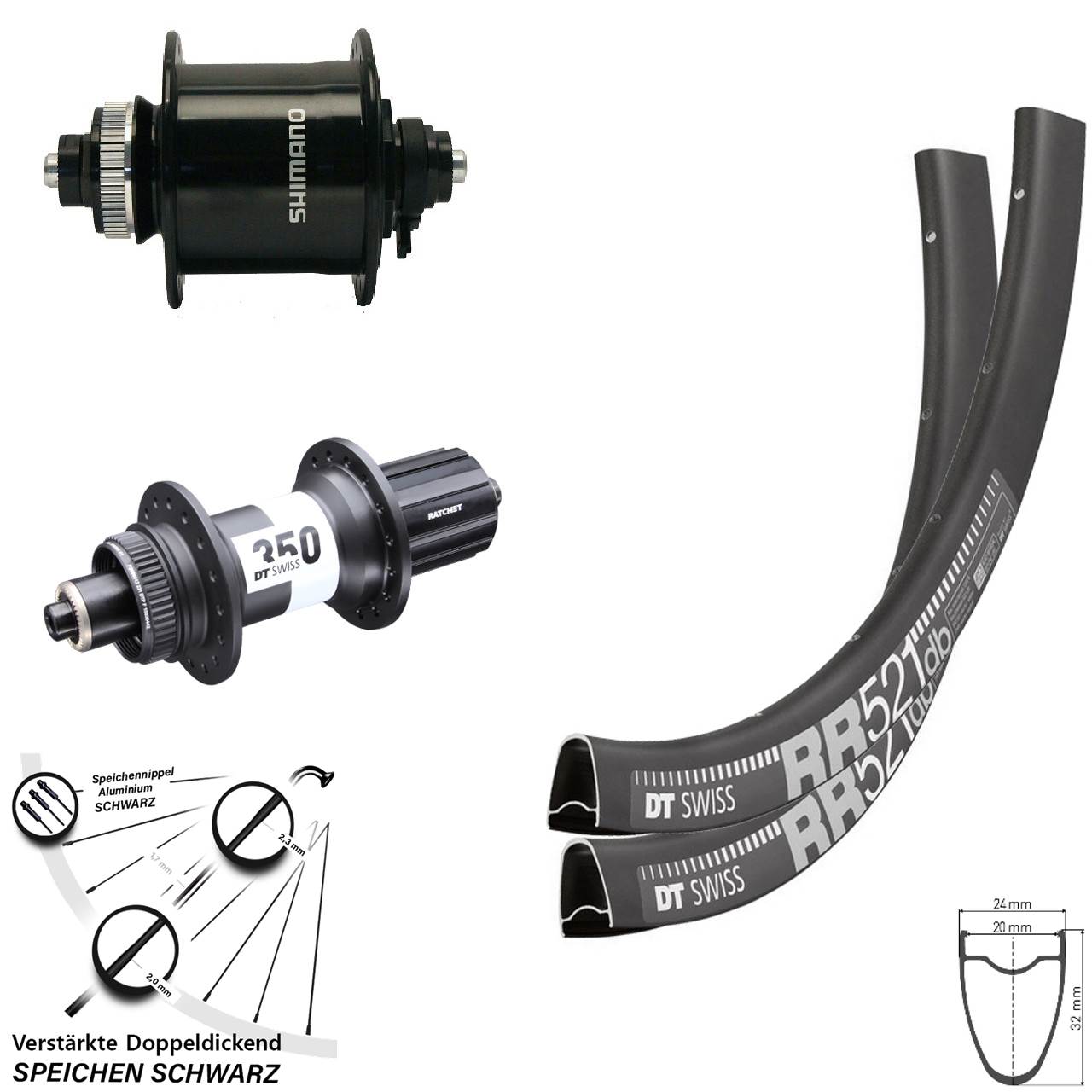 28 Zoll DT Swiss RR521 350 Shimano DH-UR700 Disc Laufrad-Satz QR 8-11 fach schwarz
