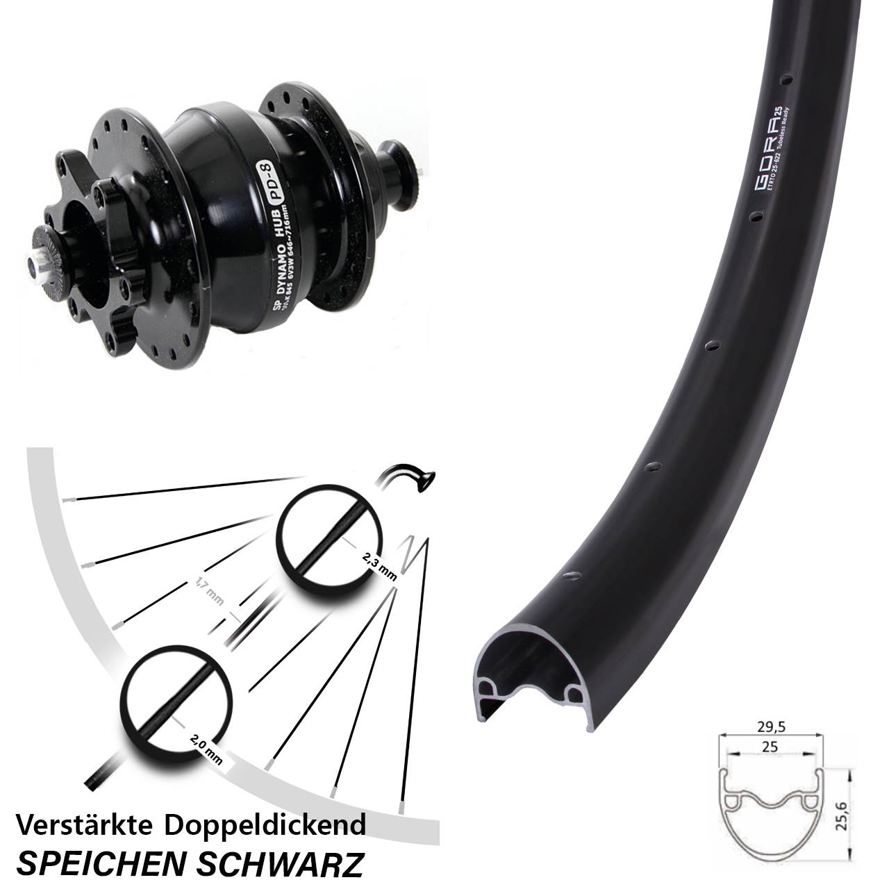 28-29 Zoll Gora 25 Shutter PD-8 Disc Vorderrad mit Nabendynamo für Schnellspanner