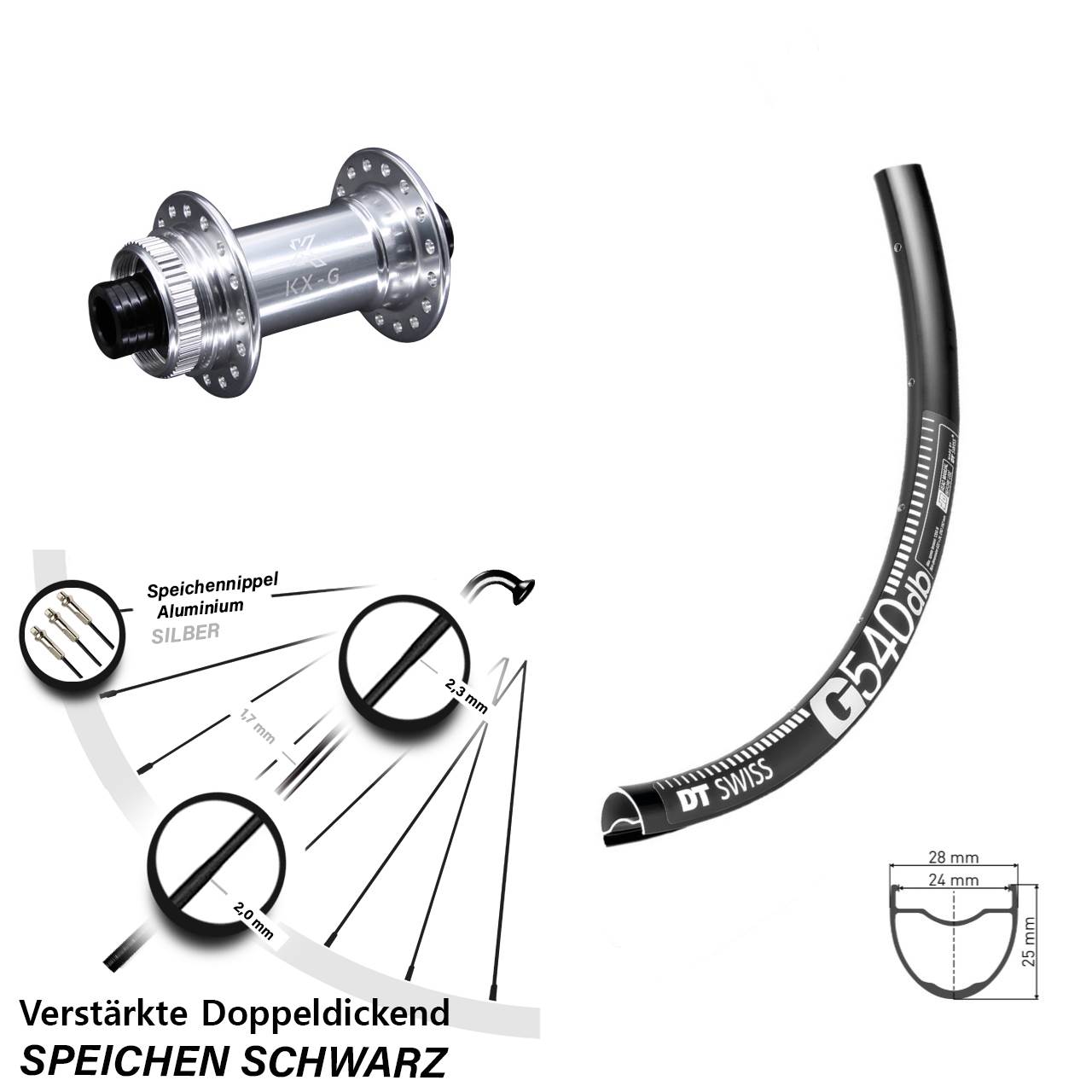 DT Swiss G 540 DB Gravel Vorderrad verstärkt KX-G silbern Steckachse Sapim E-Light
