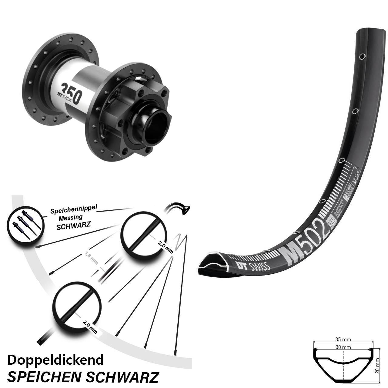 29 Zoll DT Swiss M502 350 Vorderrad 6-Loch 20x110 Boost