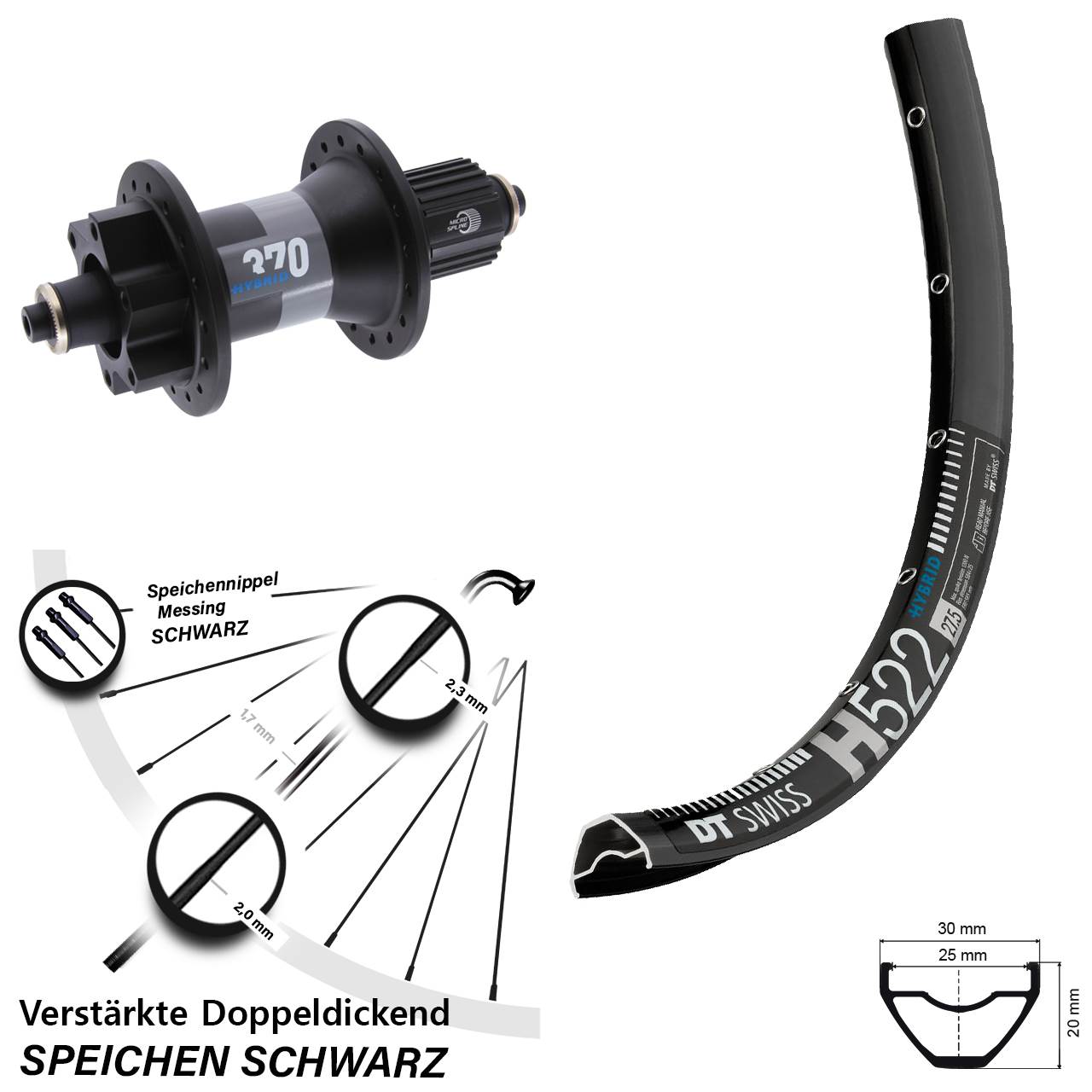 Hinterrad 27,5 Zoll DT Swiss H522-370 Hybrid Shimano Micro Spline für Schnellsp.