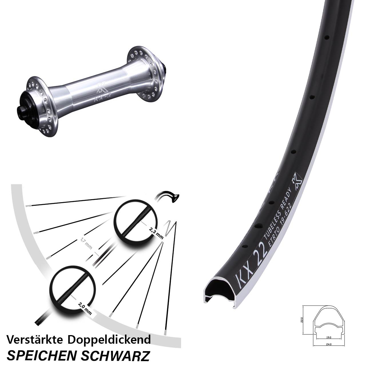 28 Zoll Vorderrad 5x100 Rennrad KX-R 22 für Schnellspanner