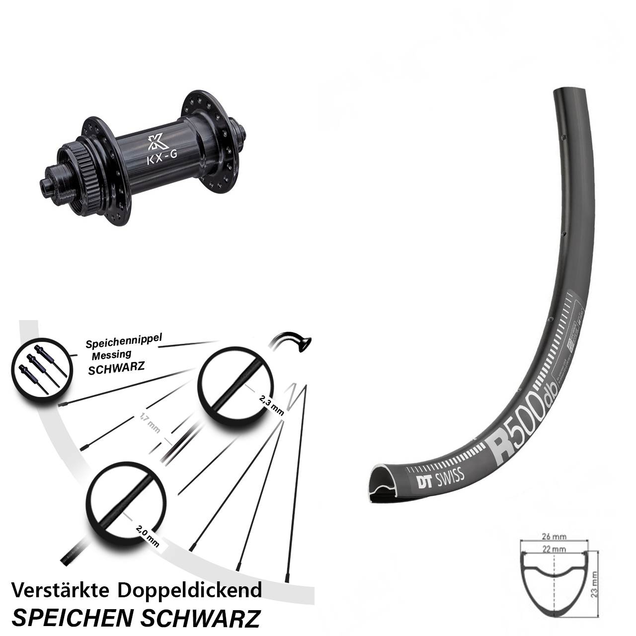 Road Disc DT Swiss R 500 Vorderrad 28 Zoll verstärkt mit KX-G Nabe 5x100 mm Centerlock