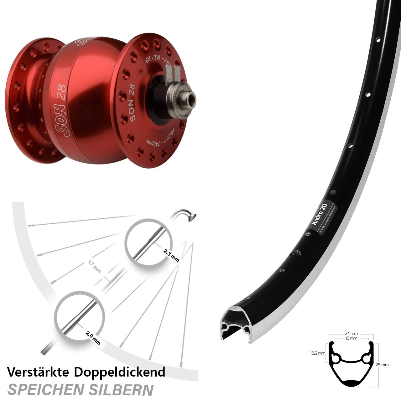 roter SON 28 Zoll Ryde Andra 20 Dynamo-Vorderrad für Schnellspanner