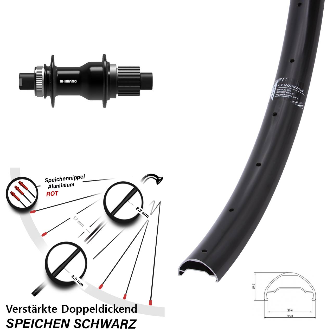 29 Zoll KX Mountain Shimano FH-TC500-B Centerlock Hinterrad 12x148 Micro Spline