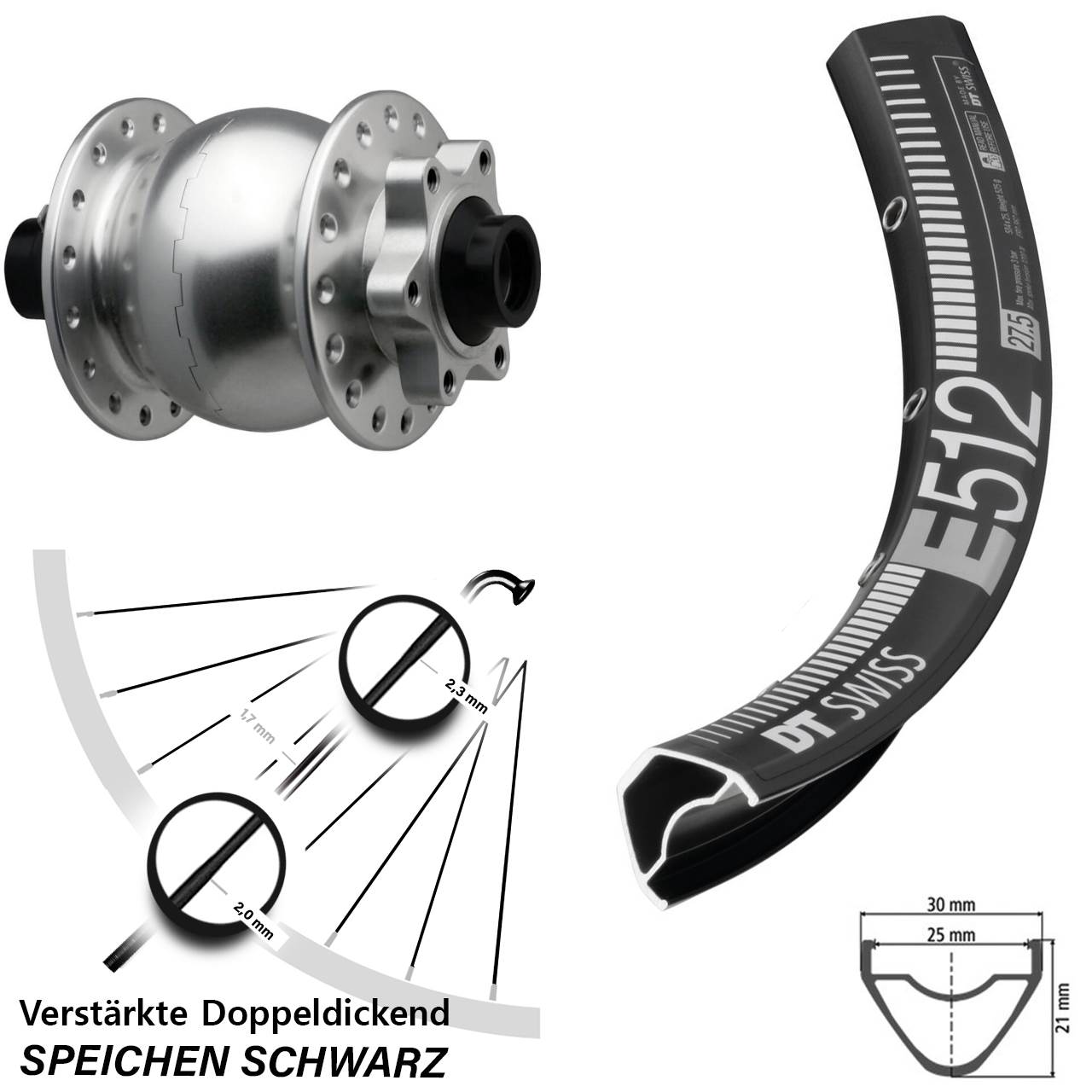 650B DT Swiss E512 SON 28 6-Loch Nabendynamo-Vorderrad 15x110 Boost