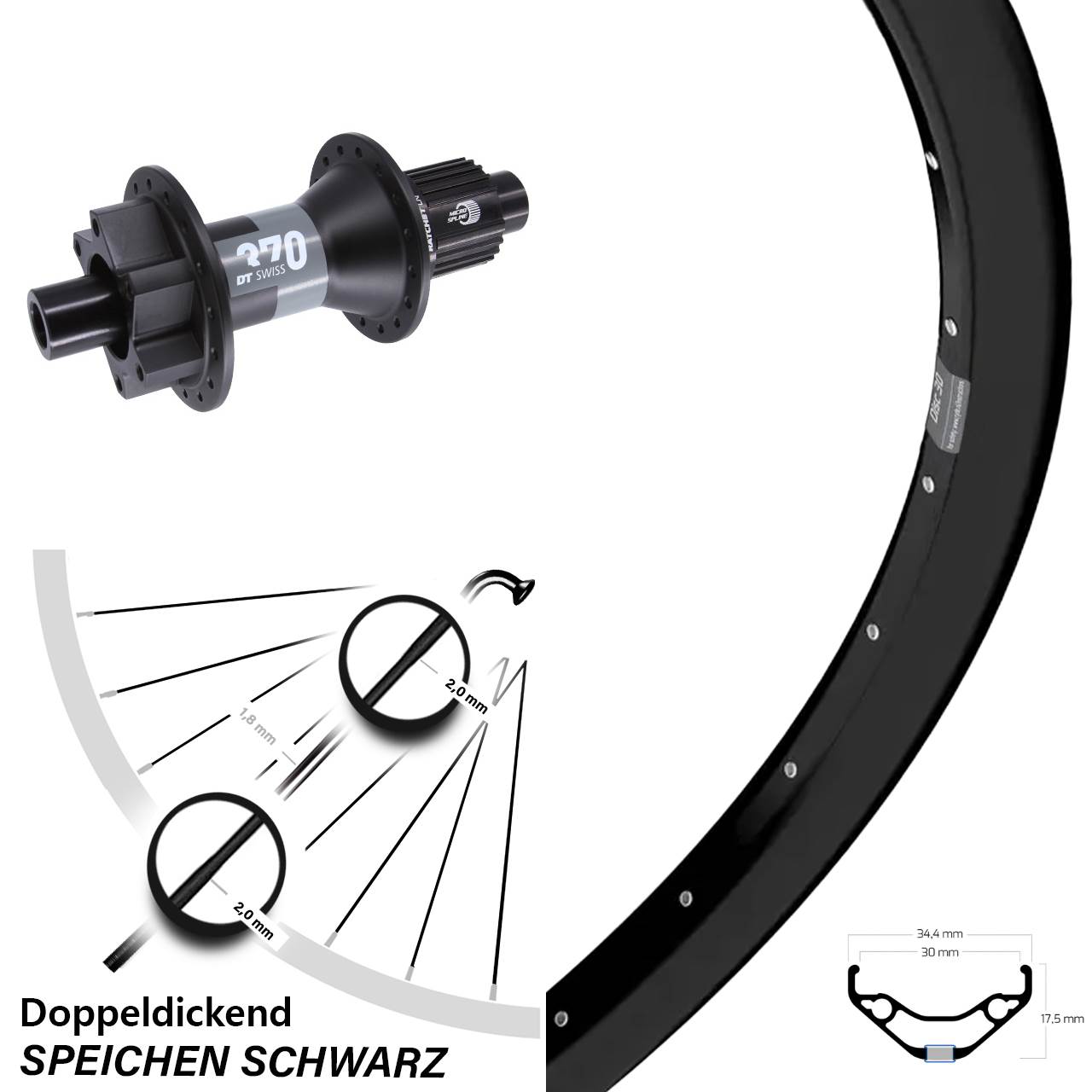 27,5 Zoll Ryde Disc 30 Hinterrad DT Swiss 370 6-Loch Micro Spline 12x148