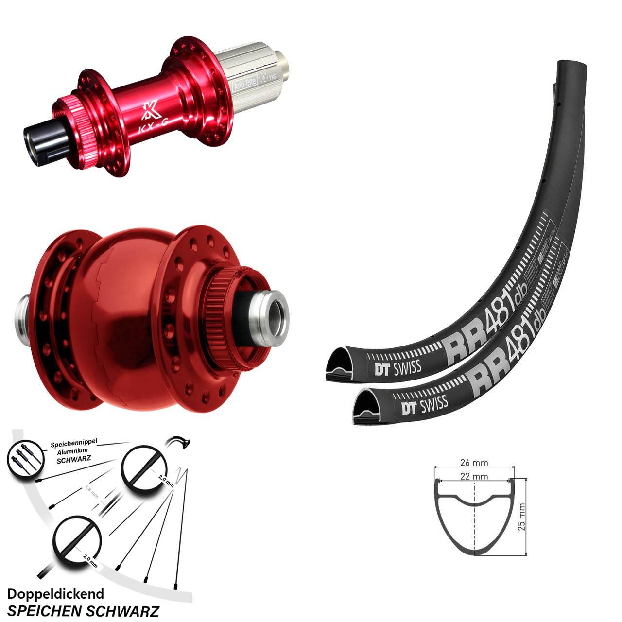 Disc Laufradsatz DT Swiss RR 481 KX-G rot SON 28 Zoll 8-12 fach 12x100/142
