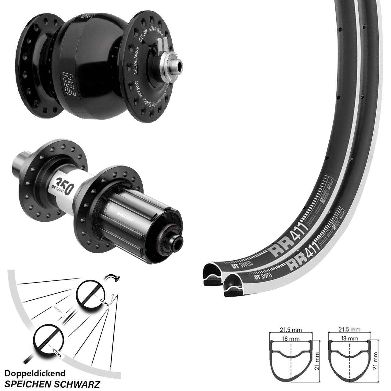 28 Zoll DT Swiss RR411-350 Rennrad SON delux Laufradsatz für Schnellspanner 8-12 fach