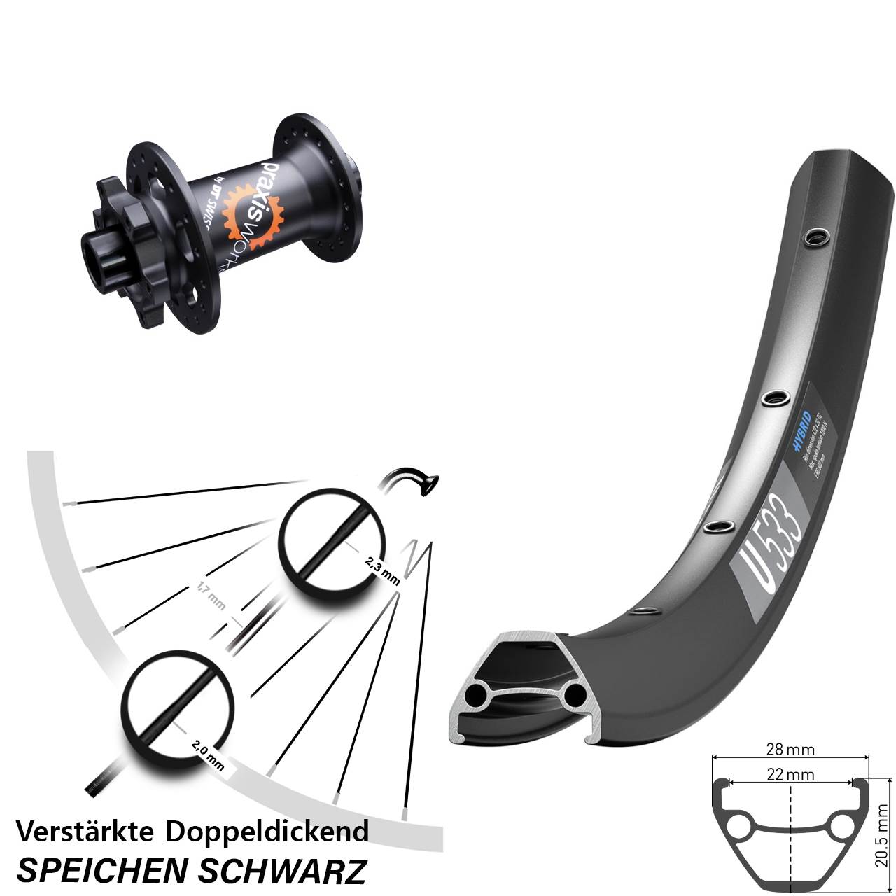 Vorderrad 6-Loch 26 Zoll DT Swiss U533-350 SL 15x100