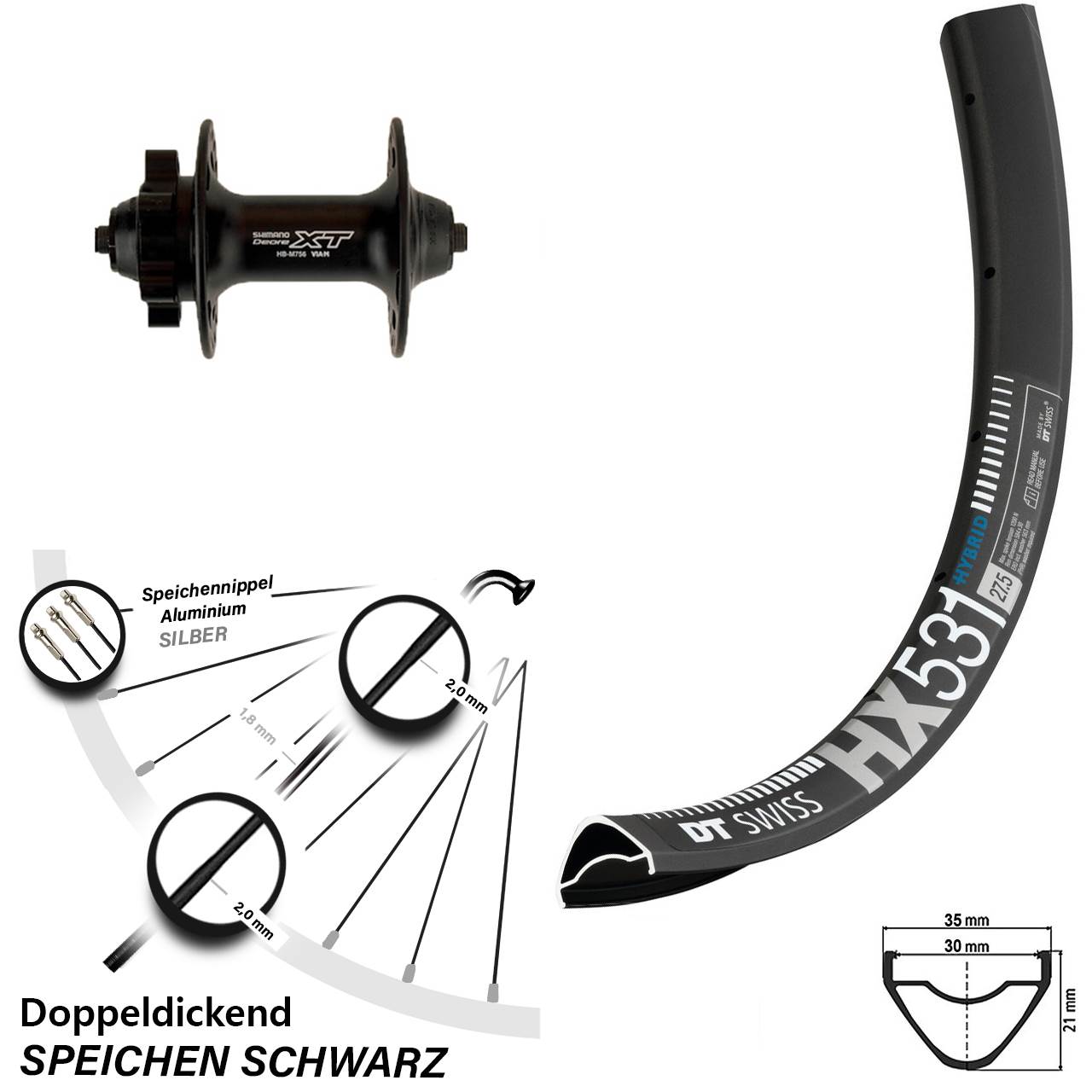 DT Swiss HX531 Shimano Deore XT Vorderrad 6-Loch für Schnellspanner