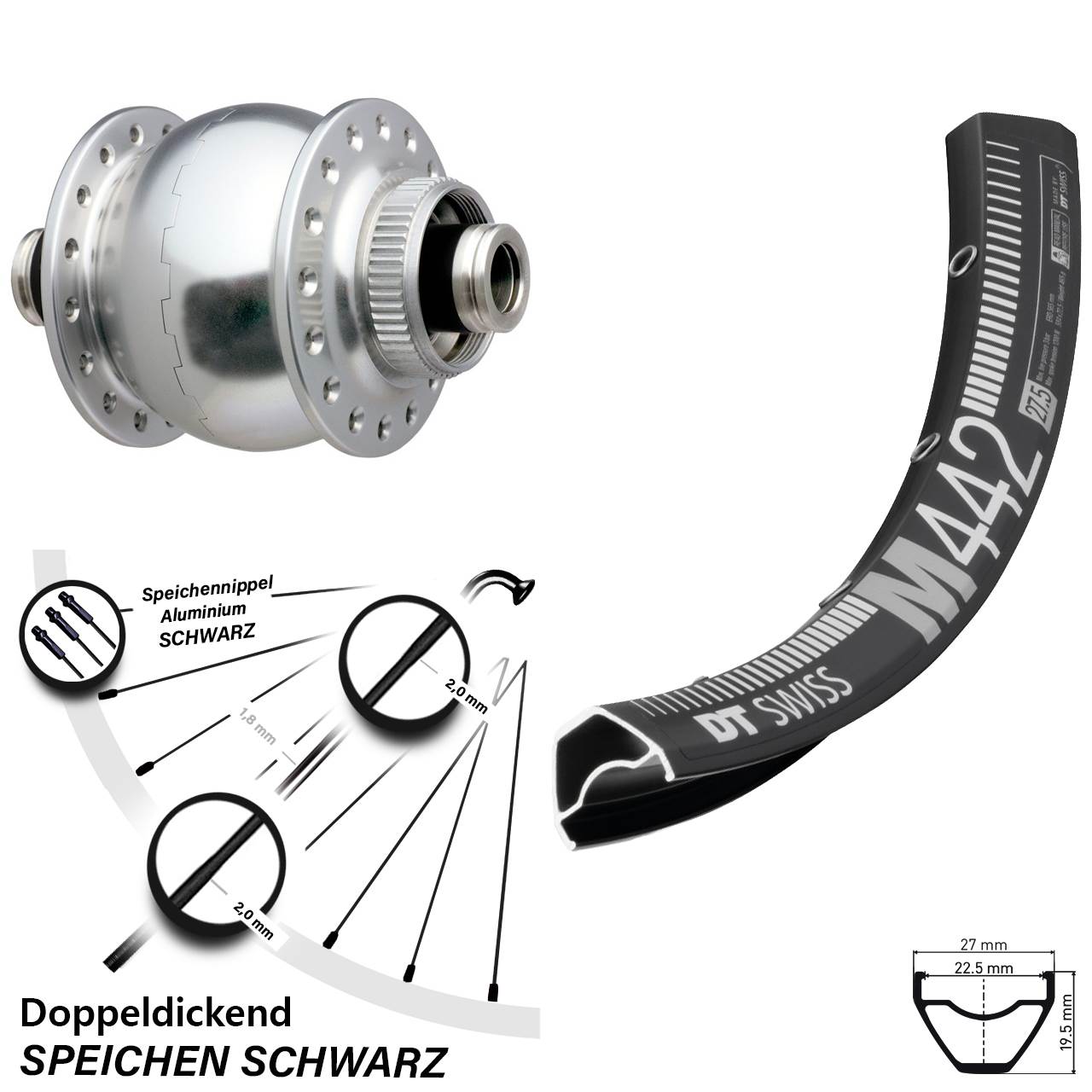 29 Zoll DT Swiss M 442 SON 28 Centerlock Vorderrad mit Nabendynamo 12x100