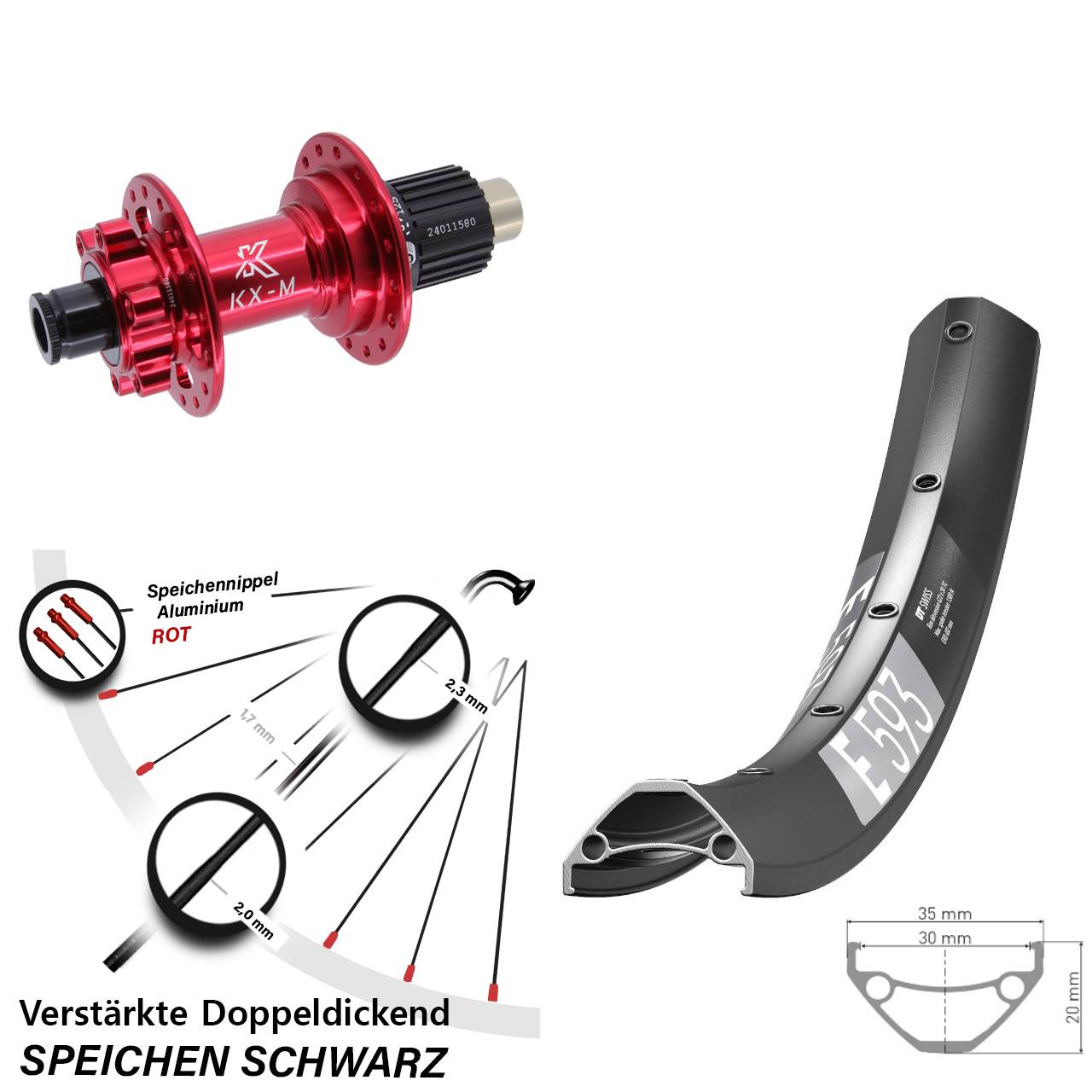 27,5 Zoll DT Swiss E593 KX-M rot Hinterrad 6-Loch 12x142 Micro Spline
