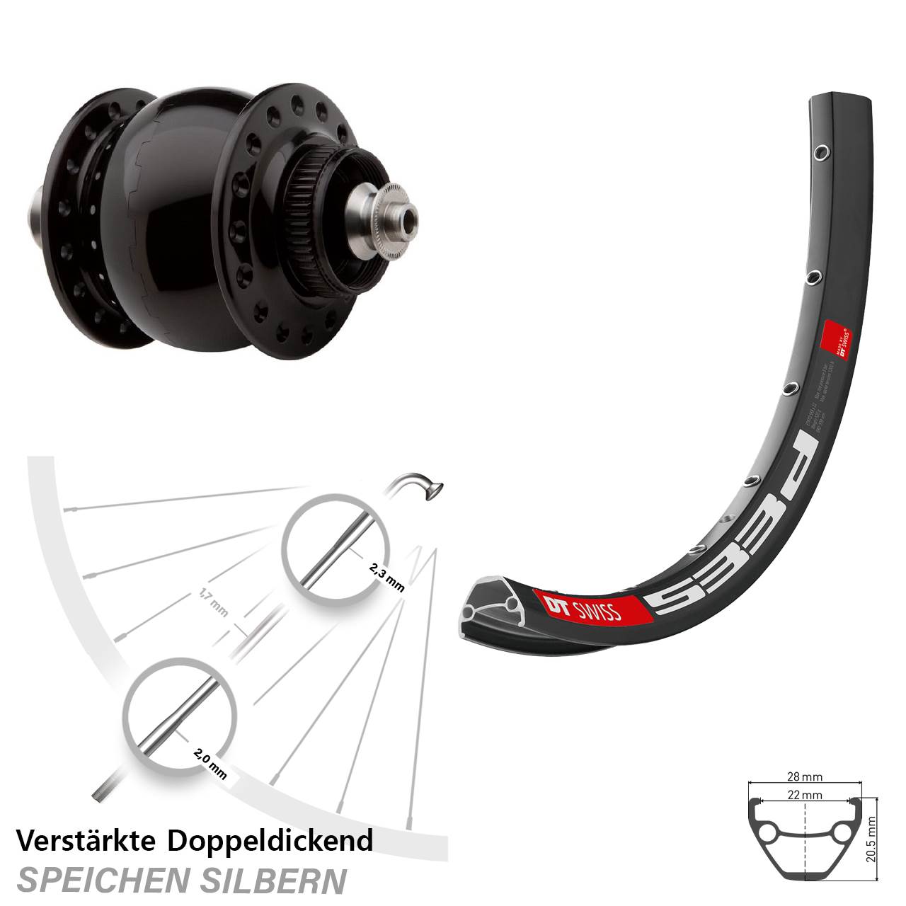 SON 28 DT Swiss 533d 650B Vorderrad mit Nabendynamo für Schnellspanner