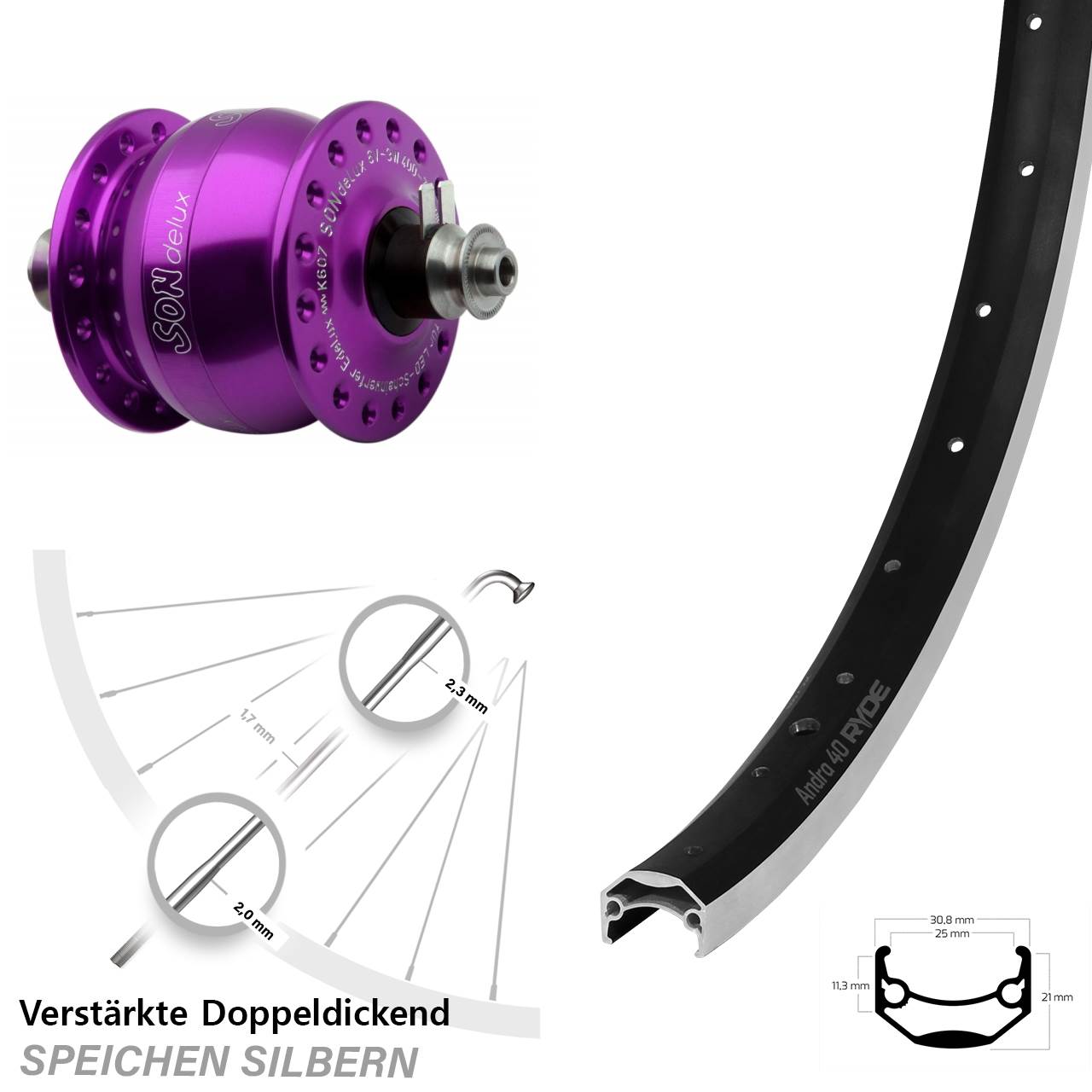 SON delux violett Ryde Andra 40 28 Zoll Nabendynamovorderrad für Schnellspanner
