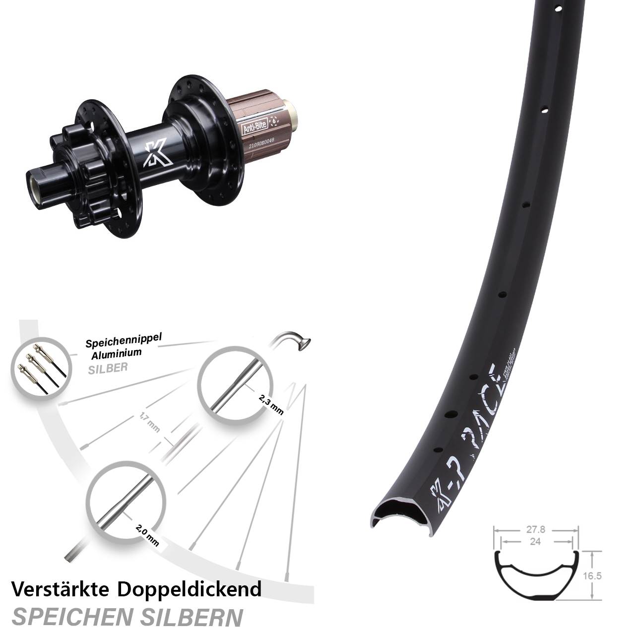 KX-R Race CC verstärkt Shimano Anti-Bite Hinterrad 6-Loch 12x142 8-12 fach HG