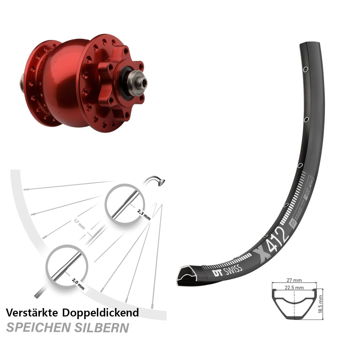 DT Swiss X 412 SON 28 rot 29 Zoll Dynamo-Vorderrad 6-Loch QR