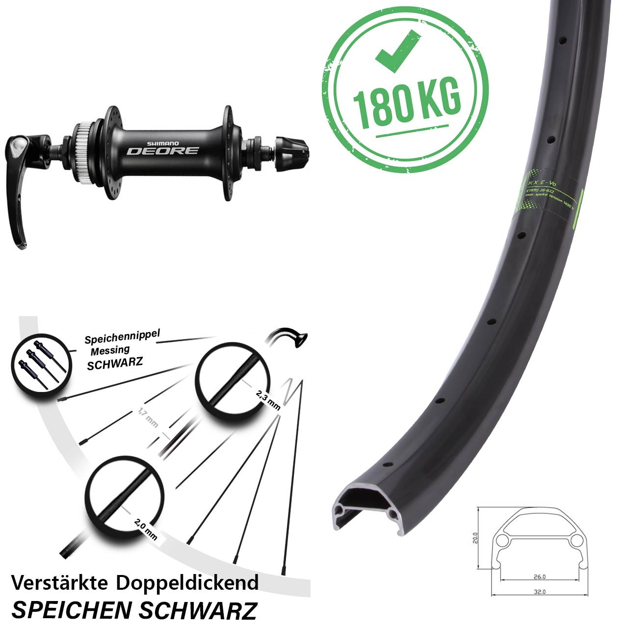 26 Zoll KX Evo Shimano Deore Disc Laufrad QR