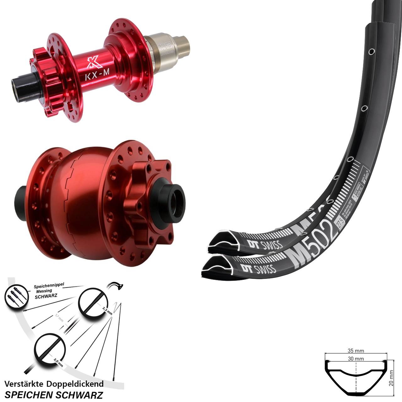 Disc Laufradsatz 27,5 Zoll DT Swiss M502 KX-M rot SON 28 SRAM XD 15x100 12x142