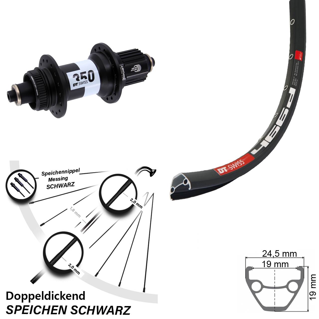28 Zoll DT Swiss 466-350 Centerlock Hinterrad für Schnellspanner Micro Spline