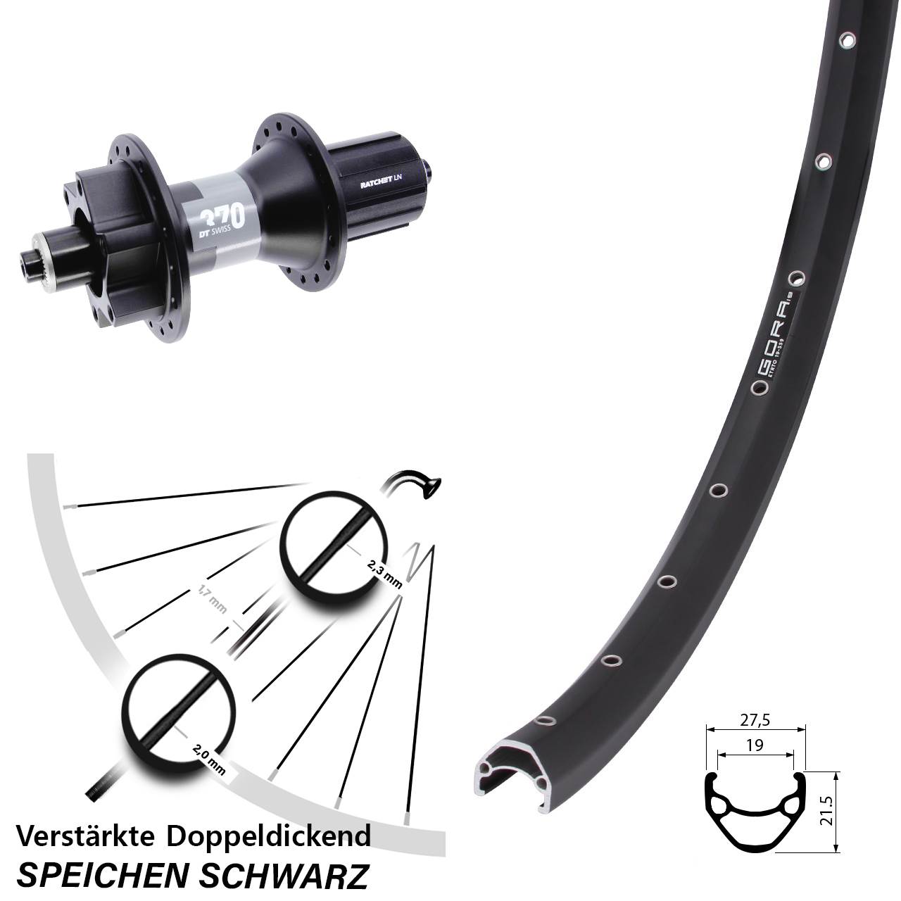 Gora 19 DT Swiss 370 28 Zoll 6-Loch Hinterrad 8-11 fach HG Boost QR