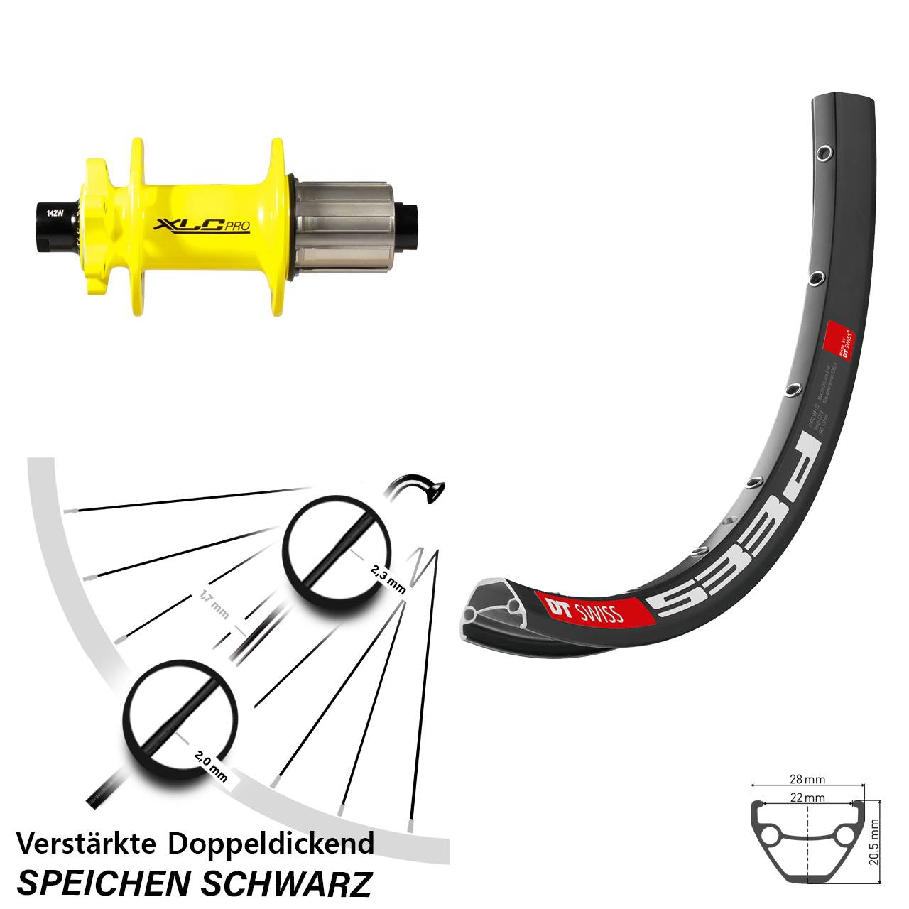 6-Loch Hinterrad 26 Zoll DT Swiss 533d XLC Pro gelb 8-11 fach 12x142