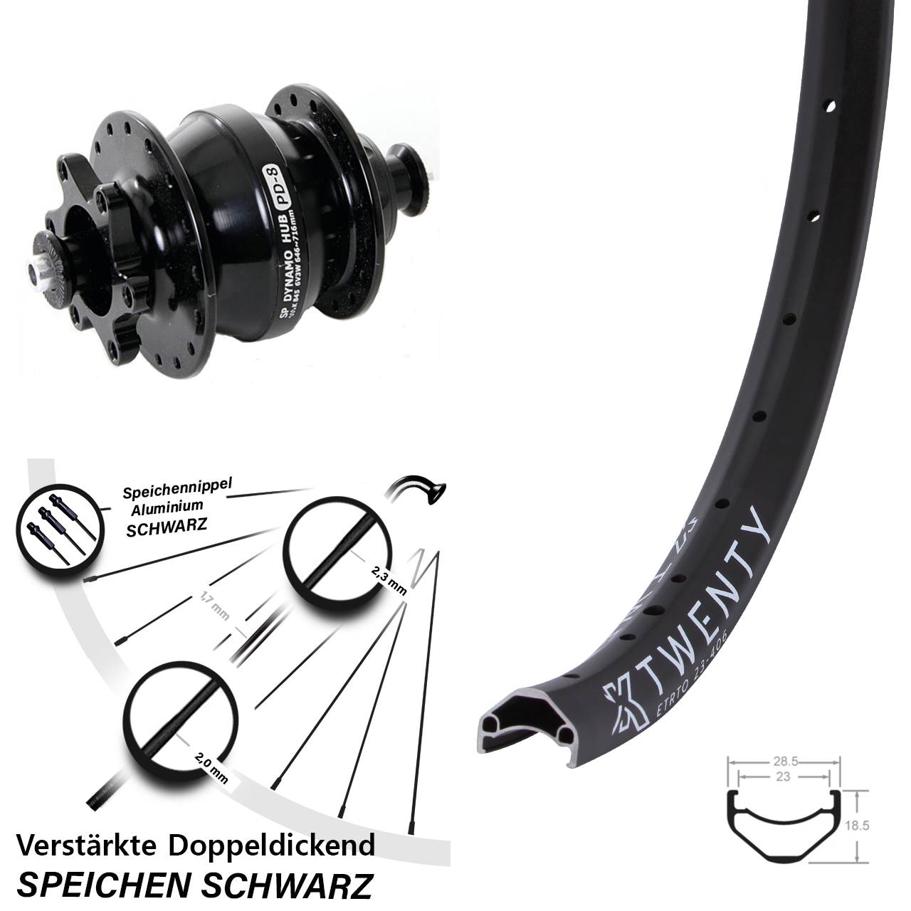 KX Twenty Shutter Precision PD-8 20 Zoll Disc Vorderrad mit Nabendynamo für Schnellspanner