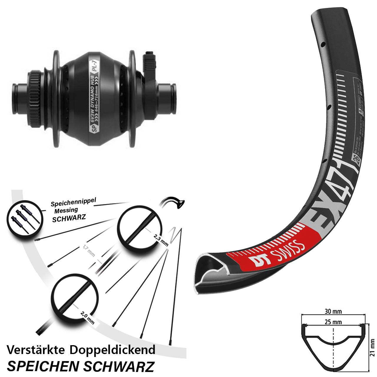 Nabendynamovorderrad Centerlock 12x100 650B DT Swiss EX471 Shutter Precision PL-7