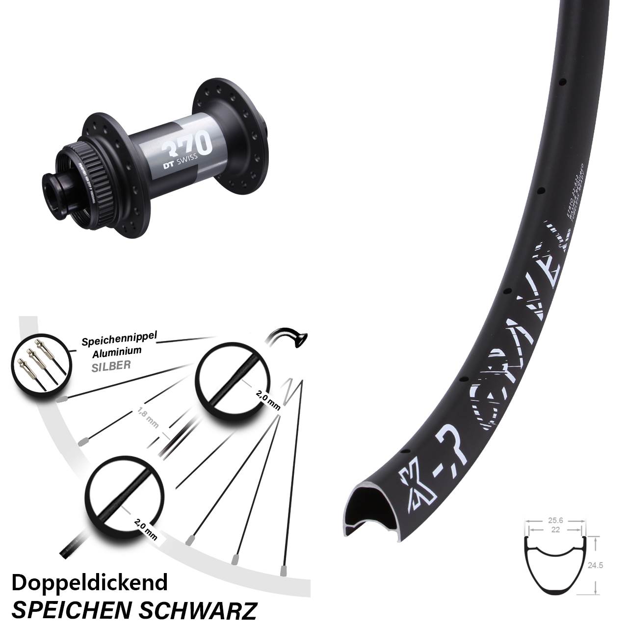 Vorderrad DT Swiss 370 Road Centerlock 12x100 mm KX-R Gravel 22-622 ETRTO 28 Speichen